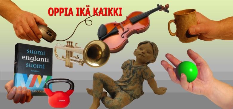 Taidekuva Lieto-opiston tarjonnasta. Kuvassa soittimia, keramiikkaa, sanakirja ja liikuntavälineitä.
