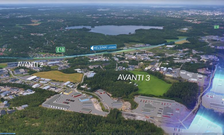 Ilmakuva Avantin yritysalueesta ja sijainnista E18 tien varrella. Matka Helsinkiin kestää 105 min.Helsinkiin