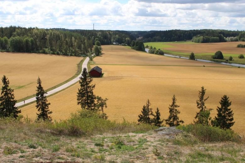 Näkymä Liedon Vanhalinnan linnavuorelta Hämeen Härkätielle ja Aurajoen kansallismaisemaan.