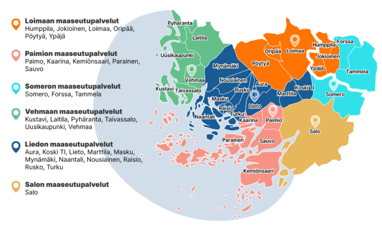 Karttakuva kuntien yhteistoiminta-alueista Varsinais-Suomessa.