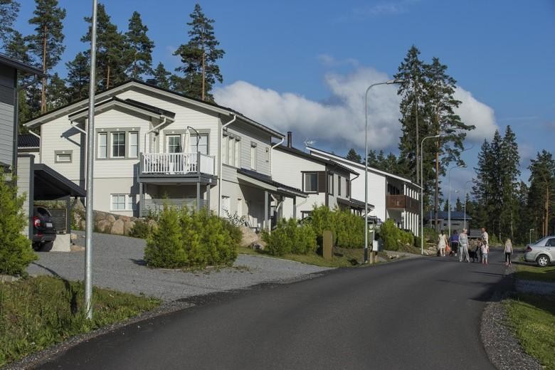 Omakotialue, asukkaita kotikadullaan seurustelemassa.