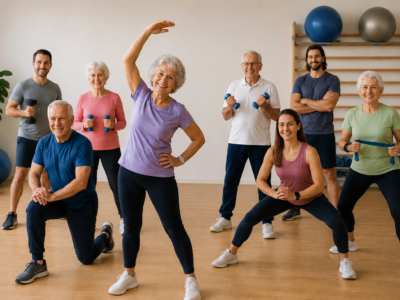 jumppa liikunta voimistelu työikäiset seniorit kuntojumppa, kuva tehty tekoälyllä