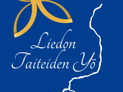 Kuvassa on sinisellä taustalla Liedon logo ja siinä lukee: "Liedon Taiteiden Yö".