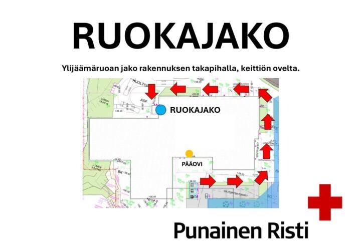 Kartta, jossa kuvattu reitti ruokajaon ovelle. Reitti kuvattu tekstissä sanallisesti.