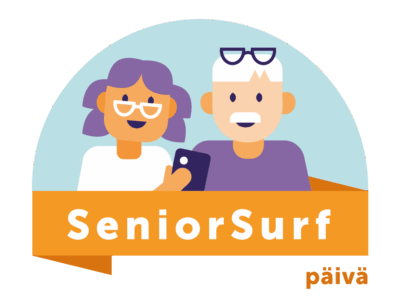 Kuvassa on pariskunta ja älypuhelin. Lisäksi kuvassa lukee: SeniorSurf-päivä.